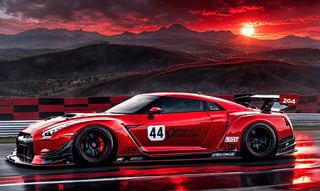 Ultra wide photorealistic medieval gothic image of "2024" lettering, custom design, graffiti, racing serial number, fast lanes,UIltra wide shot, full car 2024 Nissan GT R Nismo red with black race racing livery wiith a wide body kit racing with a Dark sun setting in the background, Glowing road as the car races showing motion with spinning tire blur and motion lines behind it,  - 8k photorealistic masterpiece - by Aaron Horkey and Jeremy Mann - detail. liquid gouache: Jean Baptiste Mongue: calligraphy: acrylic: color watercolor, cinematic lighting, maximalist photo illustration: marton Bobzert: 8k concept art, intricately detailed realism, complex, elegant, sprawling, fantastical and psychedelic, dripping with color,science fiction,H effect