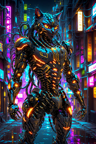  futuristic mecha human black Mad Cat, with glowing cybernetic enhancements prowls through a golden neon-lit cityscape  neon vivid colors, SelectiveColorStyle,DonM3l3m3nt4lXL,hdsrmr