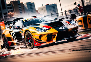 2 Sport Racing Cars on the Racing track, bleachers blurred and blurred from the speed in the background, focusing on Racing Cars, the background is blurred due to the high speed of Racing Cars, Racing Cars overtake each other and race, smoke from burning tires is coming from under the wheels of Racing Cars, realistic, artistic photo, Racing Cars are shown in detail, action scene, high resolution 8k, shallow depth of field f/2.8, shutter speed 1/25, yellow-black colors.