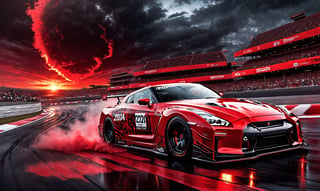 Ultra wide photorealistic medieval gothic image of "2024" lettering, custom design, graffiti, racing serial number, fast lanes,UIltra wide shot, full car 2024 Nissan GT R Nismo red with black race racing livery wiith a wide body kit racing with a Dark sun setting in the background, Glowing road as the car races showing motion with spinning tire blur and motion lines behind it,  - 8k photorealistic masterpiece - by Aaron Horkey and Jeremy Mann - detail. liquid gouache: Jean Baptiste Mongue: calligraphy: acrylic: color watercolor, cinematic lighting, maximalist photo illustration: marton Bobzert: 8k concept art, intricately detailed realism, complex, elegant, sprawling, fantastical and psychedelic, dripping with color,science fiction,H effect