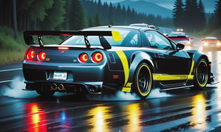 Race cars in a high speed street race (best quality,4k,8k,highres,masterpiece:1.2),ultra-detailed, ((a customized car)), ((street racer)), ((a beautiful paintjob)), ((fully detailed)), illustration, vivid colors, GTR, NSX,  Drifting, going fast, night, bright yellow headlights,setting USA Oregon's Mountain roads, No text on signs, Late night time dark skys filled with moonlight and bright stars,1 car.,Nature,modelshoot style, Fast action style, Sideways drifting in to a turn, gray and black cars, Set in a rain storm with lightning,