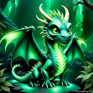 Craft an enchanting fantasy scene featuring a beautiful dark green-light green biometric dragon with glowing,  shiny biometrical features. Imagine captivating yelloweyes and impressive glass horns. Place this majestic creature in a fantasy-style background that complements its ethereal beauty,  aiming for a visually striking image with intricate details and a magical atmosphere., cute little dragon
,cute dragon,GUILD WARS