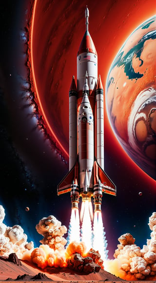 impactful color paint of a rocket is launching from Earth on a mission to explore Mars. Show the rocket against the backdrop of a red Martian sky, with the planet's surface and rocky terrain below, ........... highly detailed, vibrant colors , 8k, sharp, professional, clear, high contrast, high saturated, , vivid deep blacks, crystal clear