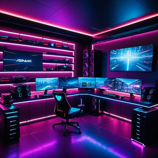 (((NO PEOPLE!!!))) pc hacker room with a huge PC setup on a  big black and red desk with 8 large computer screens built in and computers on shelves , a dimly lit gaming room with multiple monitors and a gaming chair, gaming room, cyberpunk setting, dark setup, gamer themed, gaming room in 2 0 4 0, gamer aesthetic, gamer screen on metallic desk, 8 k wide shot, in a cyberpunk themed room, thicc build, purple and cyan lighting, satisfying cable management, cyberpunk vibe, Controle room style, wide angle view, modern, high detail, backlighting, glowing light, cinematic lighting, depth of field, first-person view, Ultra-Wide Angle, masterpiece, ccurate, anatomically correct, super detail, award winning, highres, 4K, 8k,More Detail,Futuristic room,Movie Still,cyberpunk style