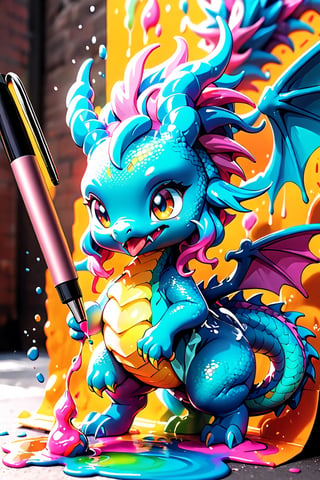 best quality, masterpiece, beautiful and aesthetic, vibrant color, Exquisite details and textures,  Warm tone, ultra realistic illustration,	Sticker, Chibi, colorful perfect 3d ink splash forming perfect detailed extreme close up perfect realistic cute Eastern dragon, ultra hd, realistic, vivid colors, highly detailed, UHD drawing, pen and ink, perfect composition, beautiful detailed intricate insanely detailed octane render trending on artstation, 8k artistic photography, photorealistic concept art, soft natural volumetric cinematic perfect light, graffiti art, splash art, street art, spray paint, oil gouache melting, acrylic, high contrast, colorful polychromatic, ultra detailed, ultra quality, CGSociety.