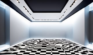 A wide-angle shot captures the modern empty room, ready to start fresh. The camera gazes upon the bold black and white checkerboard-patterned carpet, a striking focal point amidst the gray walls and soaring black ceiling. The room's dimensions are notable: the larger back wall contrasts with the smaller side walls, while the flat floor stretches wall-to-wall, covered in the striking black and white carpet, evoking a sense of new beginnings and possibilities.