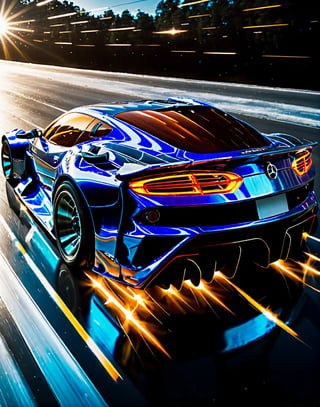 a sci-fi sportscar passing by, light speed, flash, motion trail, a shining star(sun) in the background, motion blur, epic visual effects, interstellar, flow, detailed, scifi, star blast, dark vibrant colors, cosmic art, stars in background, cinematic scene, lens flare, god rays, glow, , glowing, sparks, lightning, ultra detailed dramatic lighting,