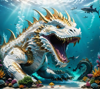 High definition photorealistic render of an incredible and mysterious futuristic mythical creating creature inusual big with giant dragon-shaped morza with many eyes in splosion monster with parametric shape and structure in the word, curved and fluid shapes in a on the seabed, with fish sharks marine life, aquatic plants, seabeds, shells and bubble explosion, in white marble with intricate gold details, luxurious details and parametric architectural style in marble and metal, epic pose
​