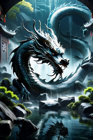 Mystical scene, 'Hidden dragon, do not act' concept, traditional Chinese dragon, splendid scales, lurking in depths of ancient dragon pool, readiness yet restraint, partially concealed by dark waters, immense potential, controlled power, mysterious setting, silhouette barely visible, wisdom of hidden strength, strategic patience, by FuturEvoLab, (Masterpiece, Best Quality, 8k:1.2), (Ultra-Detailed, Highres, Extremely Detailed, Absurdres, Incredibly Absurdres, Huge Filesize:1.1), evoking anticipation and mystery,Katon,Ninjutsu