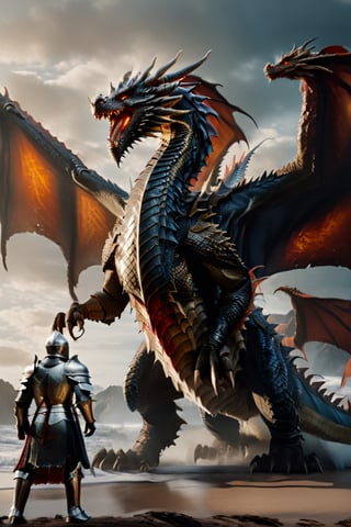 (((full_body shot))), Photo of a knight and big dragon have pair of wings, Hyper-detailled, 32k, Super High definition, Vibrant Colors, Soft focus, Ultra Smooth,Soft natural look, Full shot, photorealistic, realism, film still, cinematic shot, dreamwave, aesthetic, action_pose,Movie Still,photo r3al,knight&dragon,Chinese Dragon