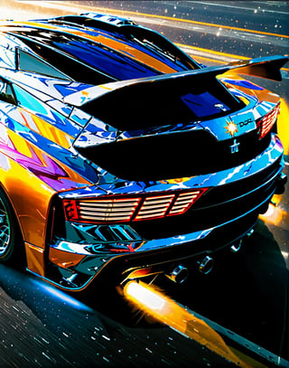 a sci-fi sportscar passing by, light speed, flash, motion trail, a shining star(sun) in the background, motion blur, epic visual effects, interstellar, flow, detailed, scifi, star blast, dark vibrant colors, cosmic art, stars in background, cinematic scene, lens flare, god rays, glow, art of Doug Chiang and John Park glowneon, glowing, sparks, lightning, ultra detailed dramatic lighting