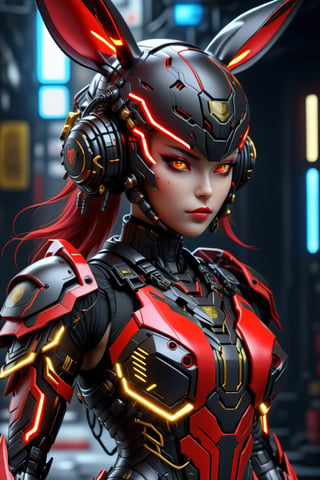  Human Mecha girl wearing advanced hardware and tactical outfit black and red with Neon tech and wires,  black and red cyberhelmet with rabbit ears and beautiful neon red and yellow eyeangs), ornately detailed, (8K Unity wallpaper), fine details, award-winning image, highly detailed, 16k