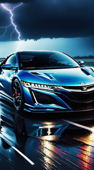 there a car driving on a wet road with lightning in the background, honda nsx, automotive design art, sport car, best on adobe stock, artistic illustration, sports car, stunning digital illustration, amazing wallpaper, 4 k hd wallpaper illustration, background artwork, japanese drift car, artistic rendering, stylized digital illustration, dramatic lightning digital art, sportcar