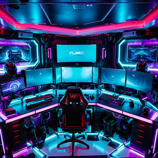 (((NO PEOPLE!!!))) pc hacker room with a huge PC setup on a  big black and red desk with 8 large computer screens built in and computers on shelves , a dimly lit gaming room with multiple monitors and a gaming chair, gaming room, cyberpunk setting, dark setup, gamer themed, gaming room in 2 0 4 0, gamer aesthetic, gamer screen on metallic desk, 8 k wide shot, in a cyberpunk themed room, thicc build, purple and cyan lighting, satisfying cable management, cyberpunk vibe, Controle room style, wide angle view, modern, high detail, backlighting, glowing light, cinematic lighting, depth of field, first-person view, Ultra-Wide Angle, masterpiece, ccurate, anatomically correct, super detail, award winning, highres, 4K, 8k,More Detail,Futuristic room,