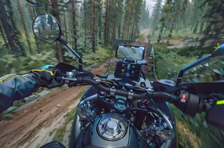 view of a motorcycle driving through a forest, riding, pov photo, pov shot, by Jaakko Mattila, wide angle dynamic action shot, off - road, perspective shot, detailed surroundings, helmet view, first-person view, first - person view, touring, first person view, off-roading