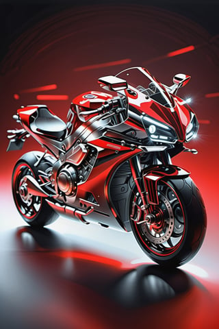 Masterpiece, ultra-definition, super detailed, perfect drawing, 1  transparent SPORT race motocycle with headlight on white lights , Colored red, silver and black carbonfiber, Industrial design, clean, Luminous neon lit,  red background, Surrealism, UHD, high details, best quality, 2K