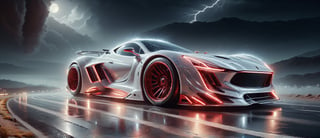 Ultra wide photorealistic image. Image created for the calendar. A luxury sports car., chrometech, futuristic Race car with wide body kit and raceing strip, Street racing other cars like it, White Pearlesent paint with sparkeling metal flakes, car racing down moutain roads at night in the rain, Lightning stars large Moon with a red tint, Surrealism, Realism, Hyperrealism, sparkle, cinematic lighting, reflection light, ray tracing, speed lines, motion lines, masterpiece, ccurate, textured skin, super detail, high details, best quality, award winning, highres, 4K, 8k, 16k,DonM3l3m3nt4lXL,Landskaper,Movie Still