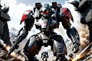 a battlemech looking intimidating military tough armor skin painted black and red weapons mounted on  it's arms and sholders it's torso is heavly armored  protecting the piolet hiddenin the chest Jet on its back let it jump high in the air this mech is built to be fast and hit hard, futuristic, mechwarrior, with rocket launchers mounted on sholders large canon built into the forarm, day, glass windsheild, on top of a moutain, Realistic light and shadow, （Realistic：1.4）, Complex background, Futurism, high detail, first-person view, masterpiece, best quality, super detail, high details, best quality, award winning, highres, 4K, 8k, 16k,PD-802X4, no human, Assault rifle