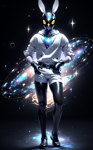 solo_male, feminine, solo, skinny, (slim), simple background, gloves, animal ears, full body, (black skin), grey background, glowing, no pupils, (human_lip), starry sky print, (white rabbit mask:1.2), (black tribal celestial clothes:1.2), dinamic photo, mystic, 3d render, unreal engine,Celestial Skin,