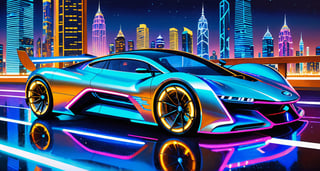 futuristic cyber-age racing. The car has a sleek and futuristic design with a metallic finish that shows intricate lines and is decorated with vibrant neon lights. The tires emit a charming blue electric glow, which increases the dynamic energy of the scene: 1.5. The race car seems to be speeding through the cityscape at night: 1.5, buildings and skyscrapers are illuminated by dazzling lights. This high-definition masterpiece is reminiscent of the best works of art by visionary artists such as Syd Mead, Daniel Simon and Scott Robertson, ((best quality)), ((ultra-detailed))), (masterpiece)), wallpaper ,H effect