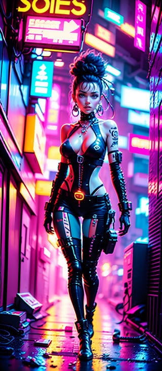 (((Fullbody view))), (best quality,4k,8k,highres,masterpiece:1.2),ultra-detailed,(realistic,photorealistic,photo-realistic:1.37),90s vibe,cyberpunk,futuristic neon lights,pink and blue pastel colors,stylishly dressed girl with punk elements,dynamic composition,Kim Bassin-inspired character design,Retro 80s film poster art style,nostalgic atmosphere,innovative technology,aesthetic graffiti in the background,sleek and shiny surfaces,cityscape with towering skyscrapers,hovering vehicles,futuristic gadgets and holograms,action-packed scene,fashion-forward hairstyle and accessories,glowing tattoos and piercings,electric energy and sparks,urban underground culture,positive and empowering energy,unique and captivating visual narrative,synchronized dance moves with pulsating music,stylish typography and design elements