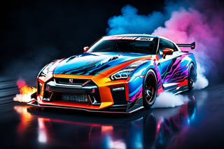 A photo realistic image of a Nissan GT-R Nismo 2023 
, sharp, detailed car body ,ethereal art, detailed tires, fire scene, (masterpiece, best quality, ultra-detailed, 8K), race car, street racing-inspired, Drifting inspired, LED, ((Twin headlights)), (((Bright neon color racing stripes))), (Black racing wheels), Wheel spin showing motion, Show car in motion, Burnout,  wide body kit, modified car,  racing livery, masterpiece, best quality, realistic, ultra high res, (((depth of field))), (full dual color neon lights:1.2), (hard dual color lighting:1.4), (detailed background), (masterpiece:1.2), (ultra detailed), (best quality), intricate, comprehensive cinematic, magical photography, (gradients), glossy, Fast action style, fire out of tail pipes, Sideways drifting in to a turns, Neon galaxy metalic paint with race stripes,