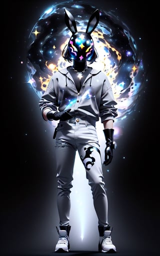 solo_male, feminine, solo, skinny, (slim), simple background, gloves, animal ears, full body, (black skin), grey background, glowing, no pupils, (human_lip), starry sky print, (white rabbit mask:1.2), (black tribal celestial clothes:1.2), dinamic photo, mystic, 3d render, unreal engine,Celestial Skin,