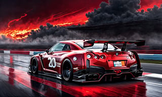 Ultra wide photorealistic medieval gothic image of "2024" lettering, custom design, graffiti, racing serial number, fast lanes,UIltra wide shot, full car 2024 Nissan GT R Nismo red with black race racing livery wiith a wide body kit racing with a Dark sun setting in the background, Glowing road as the car races showing motion with spinning tire blur and motion lines behind it,  - 8k photorealistic masterpiece - by Aaron Horkey and Jeremy Mann - detail. liquid gouache: Jean Baptiste Mongue: calligraphy: acrylic: color watercolor, cinematic lighting, maximalist photo illustration: marton Bobzert: 8k concept art, intricately detailed realism, complex, elegant, sprawling, fantastical and psychedelic, dripping with color,science fiction,H effect