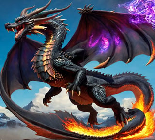 (Best quality,4K,High-res,Masterpiece:1.2),Extremely detailed,Gigantic,Western Dragon,Black Dragon,immensity,Ferocious creatures,Terrifying,Sharp scales,Vibrant colors,hot atmosphere,treasure,soaring through the sky,Overwhelming presence,Majestic wingspan,Sinister gaze,mythological creatures,mito,Landskaper,JRP style