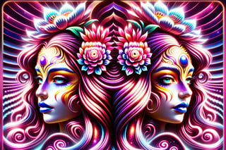 a close up of a painting of two women with flowers on their heads, psychedelic illustration, psychedelic goddess, psychedelic digital art, dan mumford and alex grey style, psychedelic art style, surreal psychedelic design, psychedelic organic cyborg, psychedelic style, psychedelic art, psychedelic visuals, psychedelic trip, symmetrical digital illustration, tribal psychedelic, trippy art, retro psychedelic illustration, psychedelic acid trip,ULTIMATE LOGO MAKER [XL],vapor_graphic,DonMV01dfm4g1c3XL ,glitter,vaporwave style,Beautiful girl ,DonM3l3m3nt4lXL