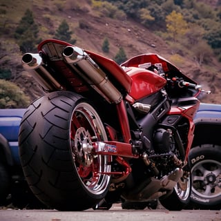 there is a red motorcycle parked next to a blue truck, motorcycles, akira motorcycle, motorcycle, kodakchrome : : 8 k, akira's motorcycle, rear-shot, futuristic motorcycle, long shot from the back, yoshimura exhaust, akira moto, wheelie, long shot from back, chrome motorcycle parts, diablo, rear shot, inspiring