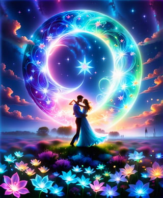 Photo Shoot night time country dancing, A young couple dances under the star filled moon lit sky in a field of bioluminescence flowers,Capture of a magical moment of love shaired by 2 lovers alone cought up in loves magic,Flora