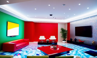 A wide-angle shot captures the masculine high tech modern and classy fung shui vibe of the living room, a TV covers a hole wall projector style with the screen displaying a colorful vibrant clear image of a Ferrari, every color and form in the room has equal balance, the room has a uniformed square checkerboard patern marble floor that is the central focal point amidst the tall walls and soaring ceiling. The camera gazes upon the square space, with a  larger back wall and shorter side walls that are even and have no doors, the room is about new beginnings and possibilities.