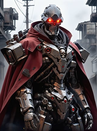 realistic, concept art, 1man, Mecha, solo, post apocalypse outfit, red cape blowing in the wind, cowboy hat, robot arm, trench coat, mechanical skull face, glowing chest, glowing eyes, holding revolvers , glowing eyes, red eyes, close-up, glowing light, cinematic lighting, masterpiece, anatomically correct, super detail, best quality, award winning, highres, 4K, 8k, 16k, HD,FuturEvoLabMecha