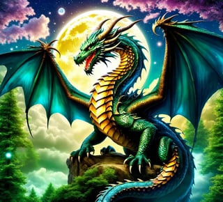 ((best quality)), ((masterpiece)), (detailed), powerful dragon, in a magical forest, mystical sky, bright moon (detailed cloudscape:1.3), (high-resolution:1.2)