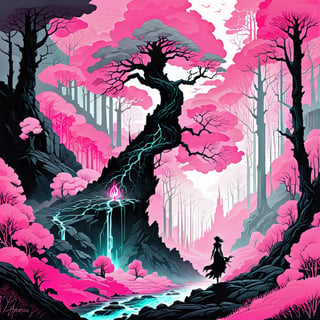 dryad in the woods. on black canvas in the style of guillem h. pongiluppi, abigail larson, ominous landscapes, john sloane, light gray and pink, energy-filled illustrations