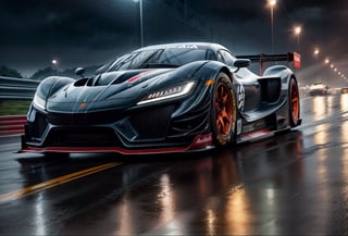 An ultra-realistic race car designed as a concept car on wet roads, speeding through a rain-soaked highway with water droplets cascading off its sleek body, capturing every detail of the car's aerodynamic curves and reflective surfaces, surrounded by blurred city lights, conveying a sense of speed and exhilaration, Photography, high-resolution capture with a full-frame DSLR and a wide-angle lens (24mm)