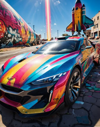 Futuristic cars. Realistic image. Focus. Colorful, Abstract Sunshine Car Futuristic Graffiti Chromatic Rocket, highly detailed, ultra high resolution, detailed, raw photo, (ultra sharp), high detail, Hyperrealism, glowing light, god rays, sparkle, first-person view, Ultra-Wide Angle, Sony FE, best quality, masterpiece, ccurate, textured skin, super detail, high quality, award winning, best quality, highres, 4K, 8k, 16k