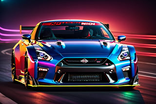 (((A photo realistic image of a Nissan GT-R Nismo))), ((wide shot)) , sharp, detailed car body , detailed tires, (masterpiece, best quality, ultra-detailed, 8K), race car, street racing-inspired, Drifting inspired, LED, ((Twin headlights)), (((Bright neon color racing stripes))), (Black racing wheels), Wheel spin showing motion, Show car in motion, Burnout,  wide body kit, modified car,  racing livery, masterpiece, best quality, realistic, ultra high res, (((depth of field))), (full dual color neon lights:1.2), (hard dual color lighting:1.4), (detailed background), (masterpiece:1.2), (ultra detailed), (best quality), intricate, comprehensive cinematic, magical photography, (gradients), glossy, Fast action style, Sideways drifting in to a turns, ,c_car,fire element