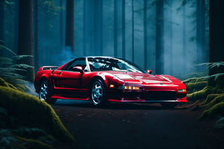 A photorealistic image of a 1994 Acura NSX sitting in middle of quiet forest and a smokey, car photography, 8k, unreal engine, masterpiece,detailmaster2