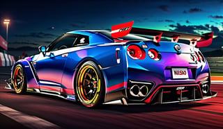 (((A photo realistic image of a Nissan GT-R Nismo))), ((wide shot)) , sharp, detailed car body , detailed tires, (masterpiece, best quality, ultra-detailed, 8K), race car, street racing-inspired, Drifting inspired, LED, ((Twin headlights)), (((Bright neon color racing stripes))), (Black racing wheels), Wheel spin showing motion, Show car in motion, Burnout,  wide body kit, modified car,  racing livery, masterpiece, best quality, realistic, ultra high res, (((depth of field))), (full dual color neon lights:1.2), (hard dual color lighting:1.4), (detailed background), (masterpiece:1.2), (ultra detailed), (best quality), intricate, comprehensive cinematic, magical photography, (gradients), glossy, Fast action style, Sideways drifting in to a turns, ,c_car,fire element