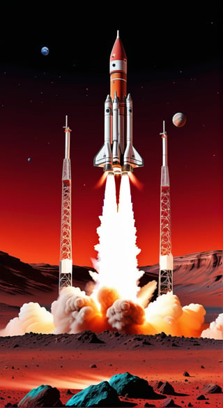 impactful color paint of a rocket is launching from Earth on a mission to explore Mars. Show the rocket against the backdrop of a red Martian sky, with the planet's surface and rocky terrain below, ........... highly detailed, vibrant colors , 8k, sharp, professional, clear, high contrast, high saturated, , vivid deep blacks, crystal clear