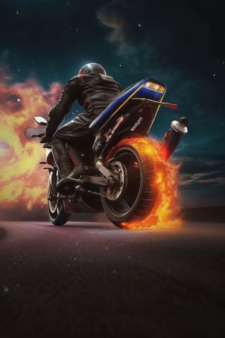 Motorcycle burning rubber red, yellow and black electric color 3 tones, running fast in very big transparent track in subwater tunnel circuit around milkyway, beautiful space planets multitones each side of the car , size 1600*1200 full hd