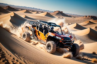 a close up of a person driving a black utv in the desert, buggy, dune, mixed art, tesla dune buggy, photos, sand, dynamic angled shot, high speed action, off - road, intense look, video, vehicle, dynamic action shot, off-roading, versatile, action shot, top down angle,