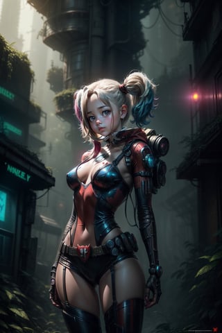 "((Science Fiction Fantasy)), ((Harley Quinn)) Explore cybernetic forest, mechanical trees, robotic wildlife, ((Future City)), dynamic poses, ((cyberpunk atmosphere)), digital painting, ((very Detailed)), vivid colors, ((technical miracle))