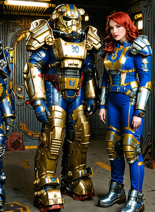 (((Fullbody view))), photorealistic, high resolution, 2women, (detailed face), bright red hair, long hair, fallout vaultsuit pipboy 3000, blue suit, A full body photograph of a beautiful 20 year old wearing a blue and gold vault suit red hair standing next to a girl wearing a T60 power armor, Perfect Hands, perfect face,Power Armor,hubggirl
