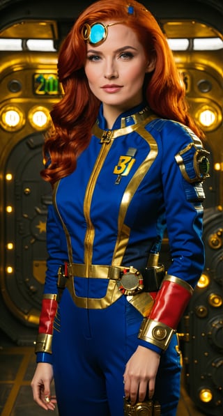 (((Fullbody view))), photorealistic, high resolution, 1women, (detailed face), bright red hair, long hair, fallout vaultsuit pipboy 3000, blue suit, A full body photograph of a beautiful 20 year old wearing a blue and gold vault suit ,Movie Still,rebsonya