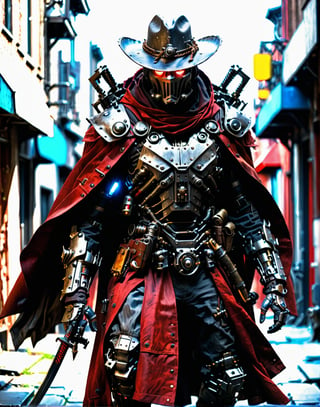 realistic, concept art, 1man, solo, post apocalypse outfit, red cape blowing in the wind, cowboy hat, robot arm, trench coat, mechanical mask, glowing chest, glowing eyes, katana strapped to the back  , close-up, glowing light, cinematic lighting, masterpiece, anatomically correct, super detail, best quality, award winning, highres, 4K, 8k, 16k, HD