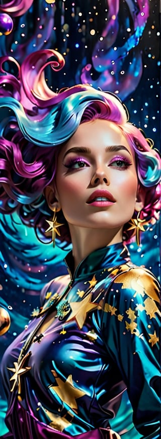Wide-angle viewed from below, create a artistic image of a beautiful woman with flowy magenta blue hair , floating on a  starry sky resembling the painting starry night by van gogh, wearing an intricate top made of pearls, ultradetailed ultrarealistic face, alberto seveso and Harrison fisher style,  work of beauty and inspiration,  8kUHD,  whimsical with dream-like results , golden hour ,ColorART, dream vibes,  star elements ,ink,cyberpunk style,colorful iridescent glow,  surreal 