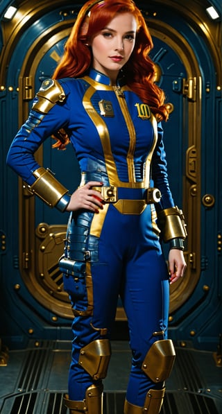 (((Fullbody view))), photorealistic, high resolution, 1women, (detailed face), bright red hair, long hair, fallout vaultsuit pipboy 3000, blue suit, A full body photograph of a beautiful 20 year old wearing a blue and gold vault suit ,Movie Still